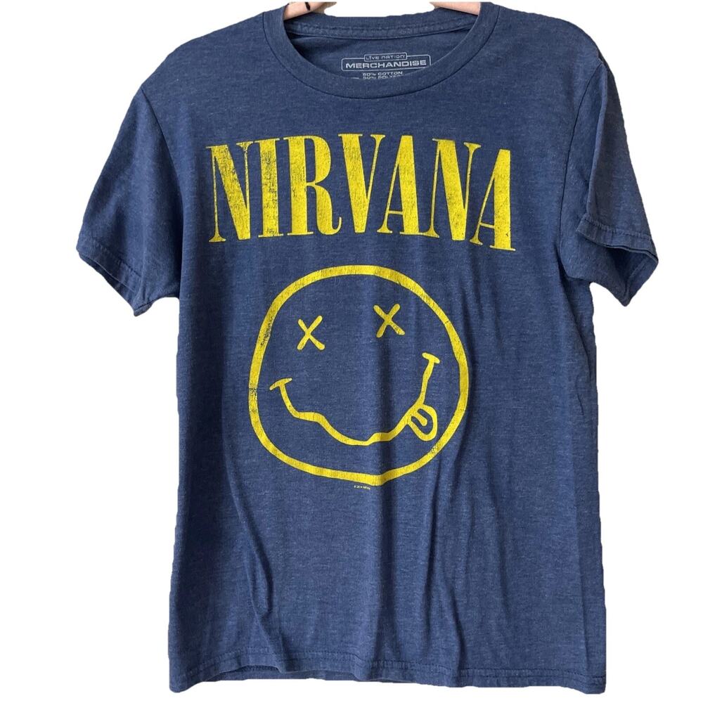 Blue Mens Sz S Nirvana Shirtsleeve T-shirt Yellow Writing Face Casual Band 2014